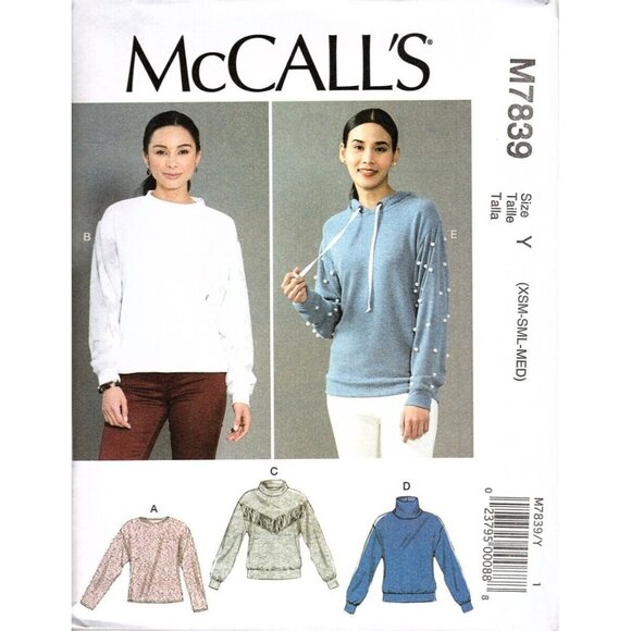 McCall's M7839 Misses XS to M Sweatshirt Tops and Hoodie Uncut Sewing Pattern - Picture 1 of 2
